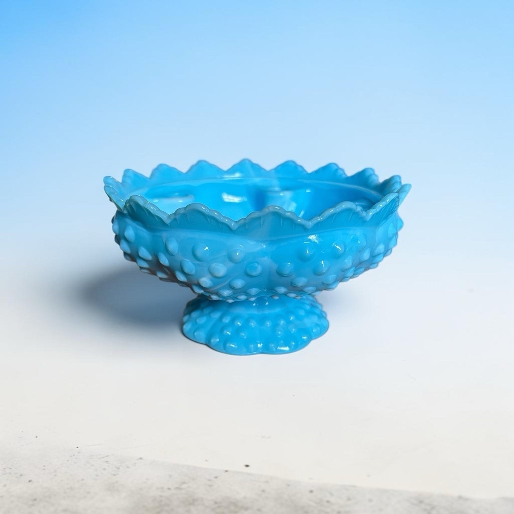Fenton Hobnail Glass Blue and White  Marble Slag Swirl Candle Bowl. Vintage. (1)